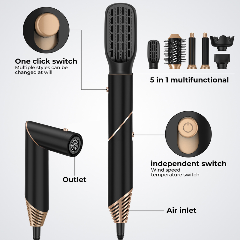 Professionnel 6 en 1 puissant coiffeur pliable à air chaud sécheur de cheveux salon de beauté ionique Balck Golden