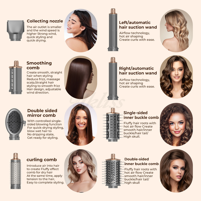 Ensemble de sèche-cheveux pliable 8 en 1 avec réglage de la température et conception multi-buse