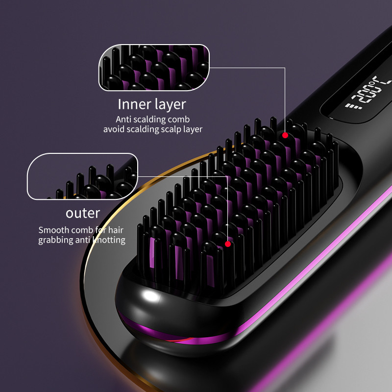 Brosses de lissage de cheveux sans fil portable 35W chauffage rapide type-C avec écran d'affichage de température des ions négatifs