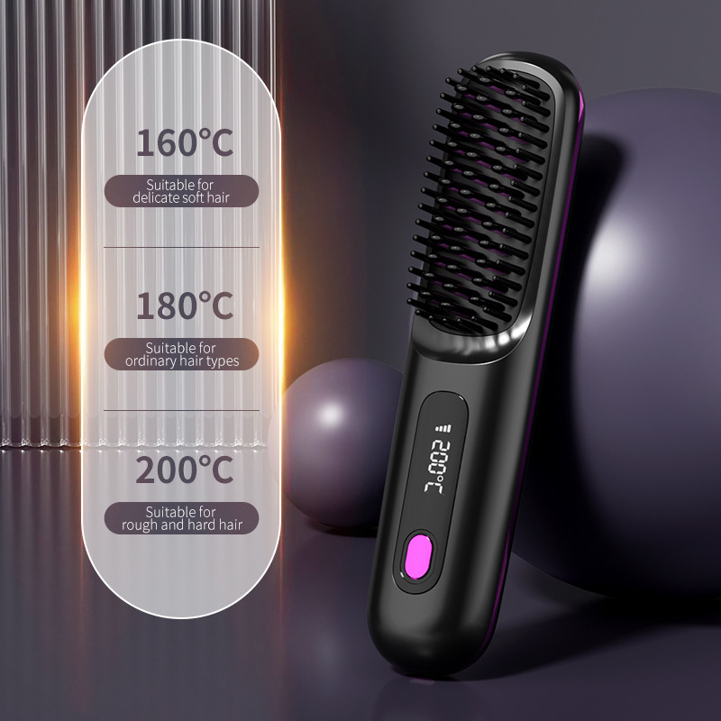 Brosses de lissage de cheveux sans fil portable 35W chauffage rapide type-C avec écran d'affichage de température des ions négatifs