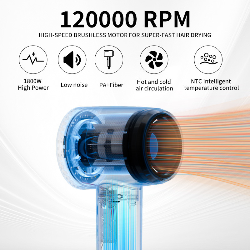 Un séchoir à cheveux de haute puissance de 1 800 W, de haute puissance, de 5 milliards de litres de plasma, léger et à séchage rapide, avec logo personnalisé et trois buses.