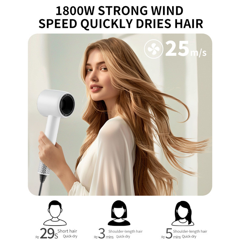 Un séchoir à cheveux de haute puissance de 1 800 W, de haute puissance, de 5 milliards de litres de plasma, léger et à séchage rapide, avec logo personnalisé et trois buses.