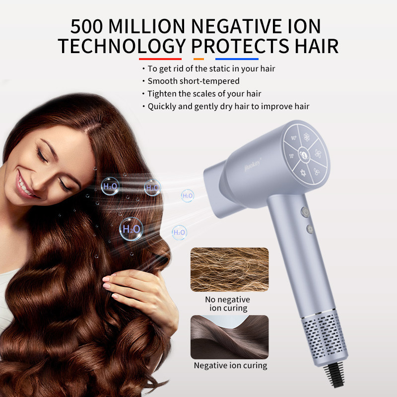 Un séchoir à cheveux de haute puissance de 1 800 W, de haute puissance, de 5 milliards de litres de plasma, léger et à séchage rapide, avec logo personnalisé et trois buses.