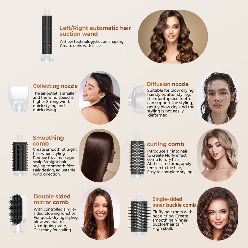 Séchage rapide 8 en 1 séchoir à cheveux professionnel à air chaud brosse à cheveux avec enroulement automatique et câble de puissance 2M 1500W Multi-Styler